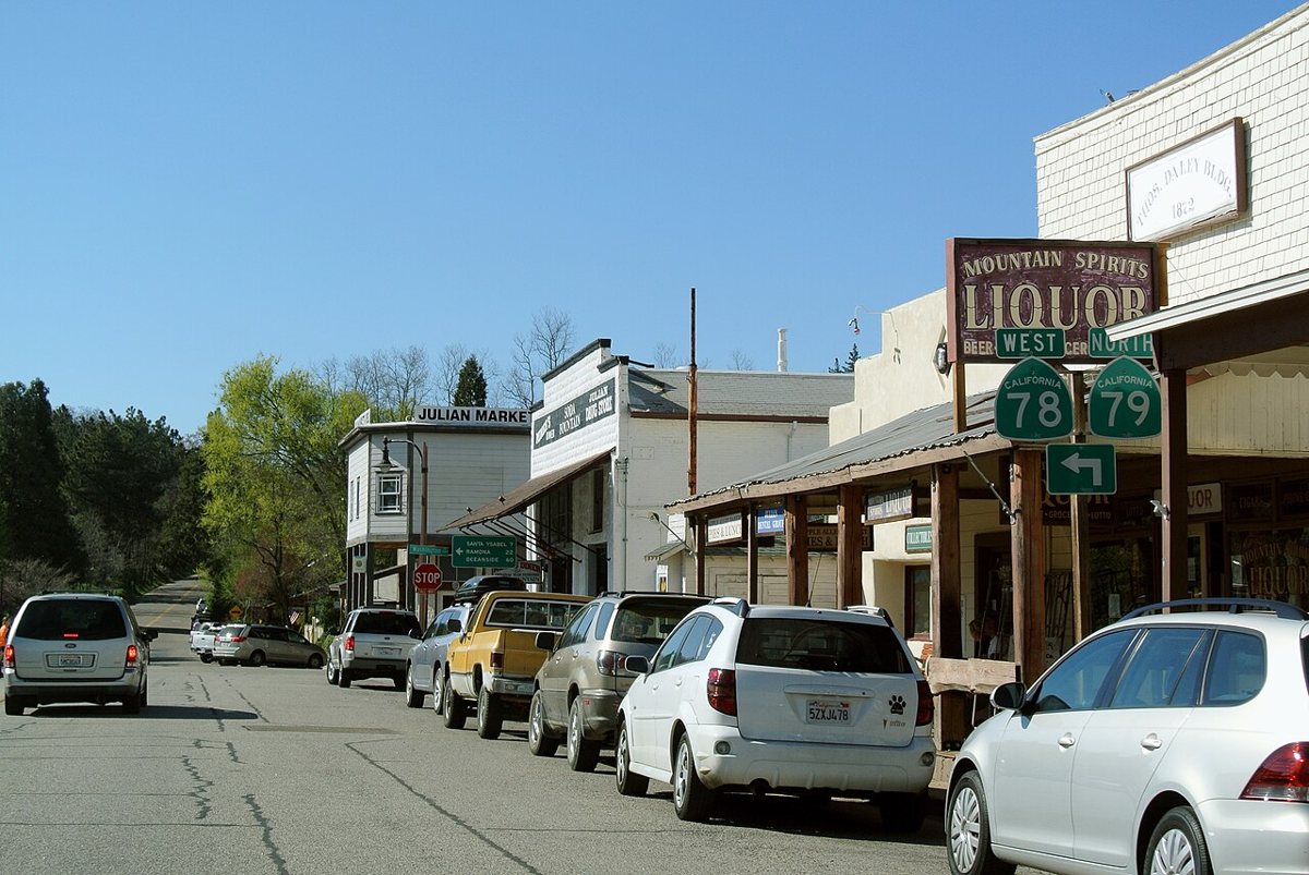 Historic Main Street storefronts in Julian, California in the Cuyamaca mountains