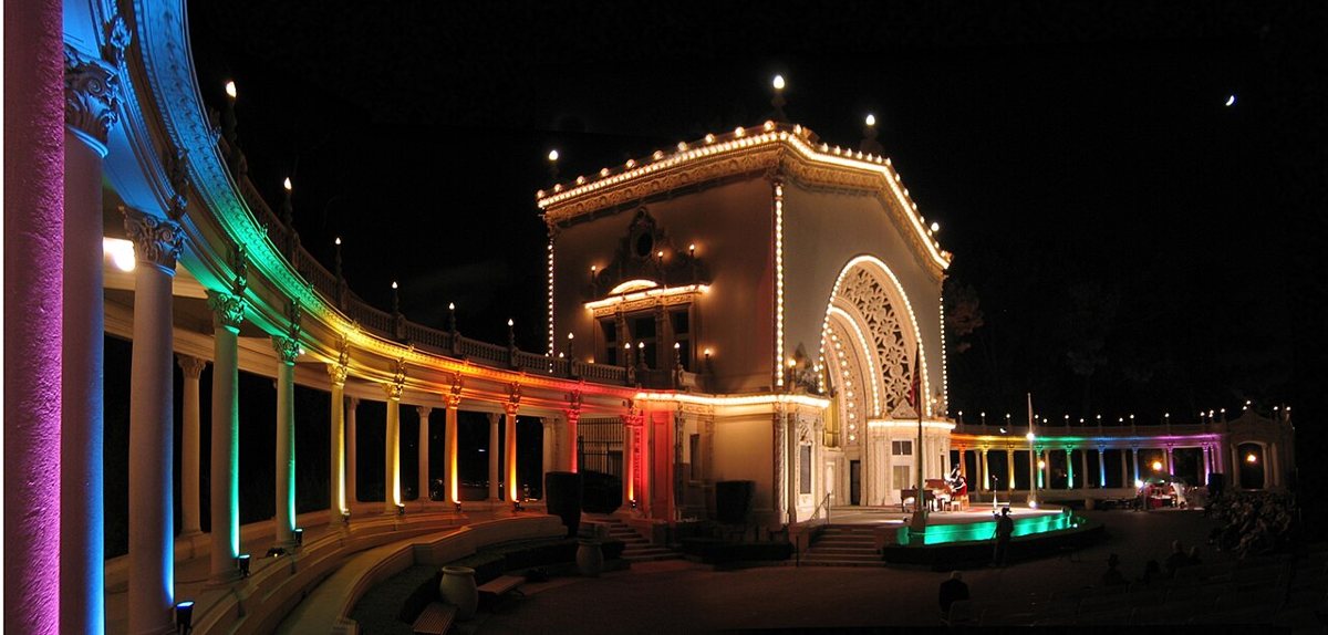 Illuminated Spreckels Organ Pavilion in Balboa Park at dusk