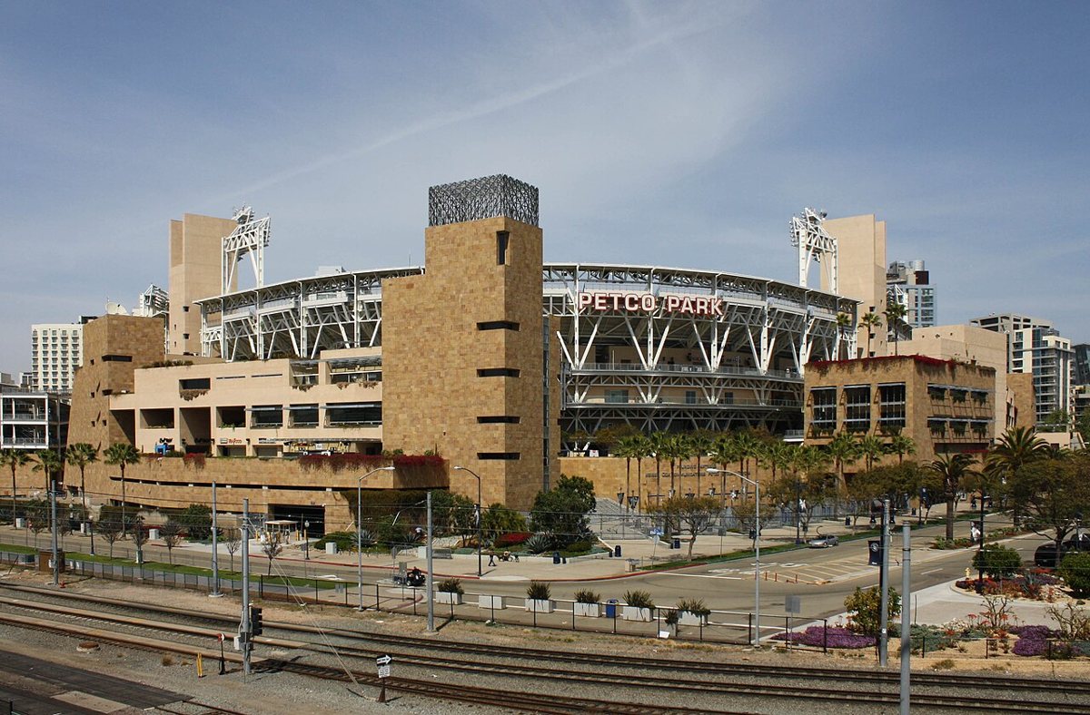 Petco Park baseball stadium in downtown San Diego with the skyline visible beyond the outfield