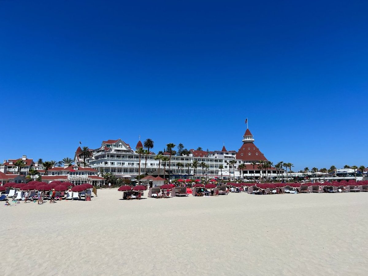 The historic red-turreted Hotel del Coronado on Coronado beach near San Diego