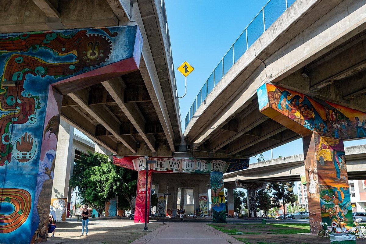 Murals painted on the bridge pylons at Chicano Park in Barrio Logan, San Diego