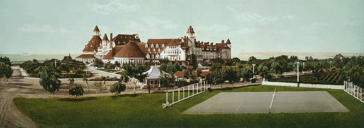 The Hotel del Coronado's red turrets in an early photochrom panorama