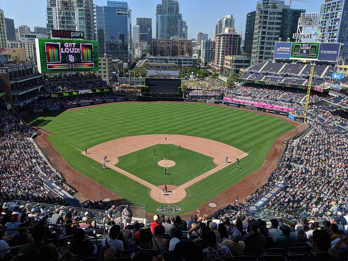 The field at Petco Park with the Western Metal Supply Co. building beyond left field